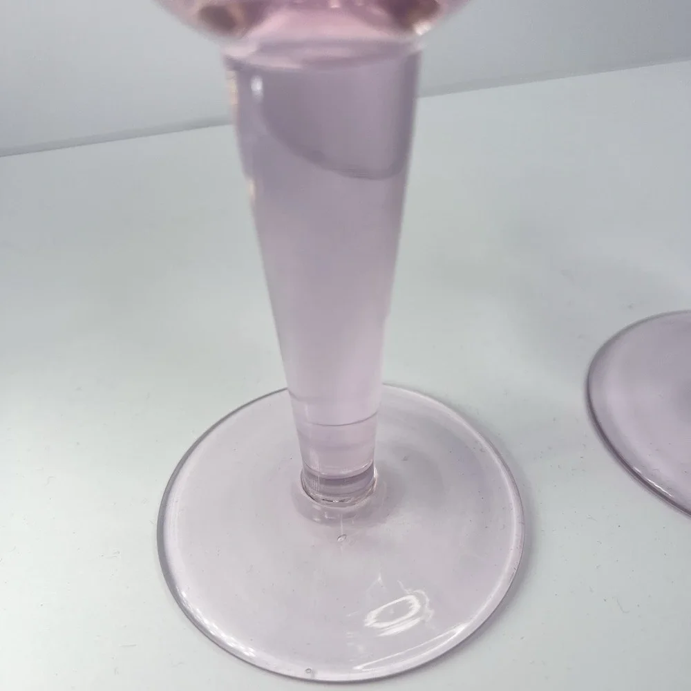 Vintage Pink MCM Wine Glasses‎ Etched Swirl Pattern Thick Stem  7